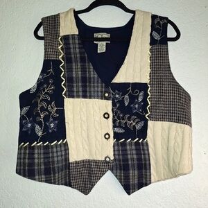 Tantrum Vintage Knit Patchwork Vest  Flowers Ribbon Wool Blend Large Grandma